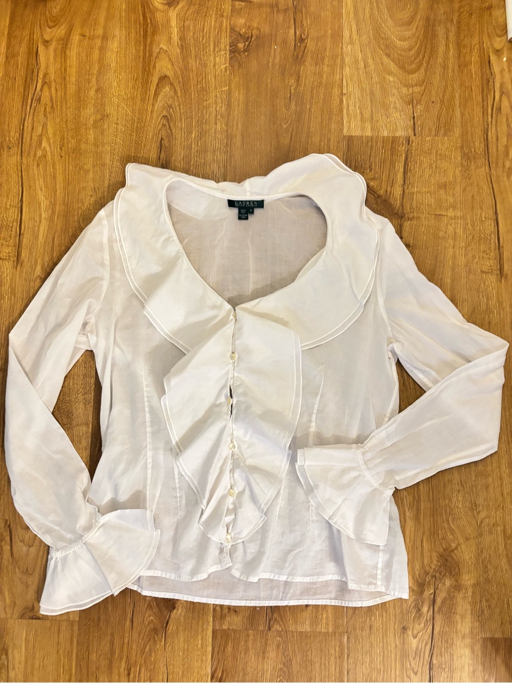 Ralph Lauren White Ruffle-Front Semi-Sheer Blouse
